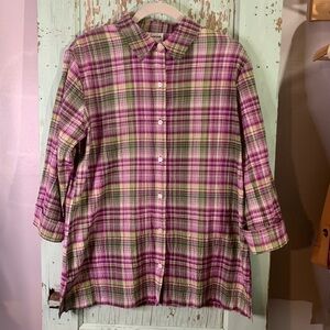 Women’s BonWorth pink and green plaid button-up shirt
